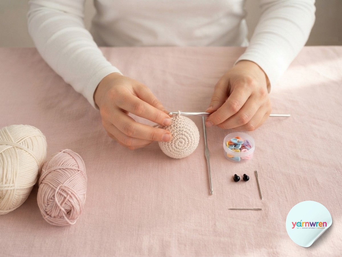 Hands crocheting a small cream sphere in spiral rounds for an amigurumi bunny keychain head