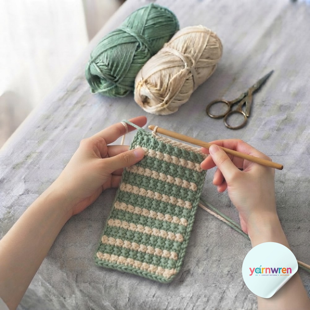 This moss stitch crochet tutorial swatch grows to eight inches with clear alternating green and beige rows.