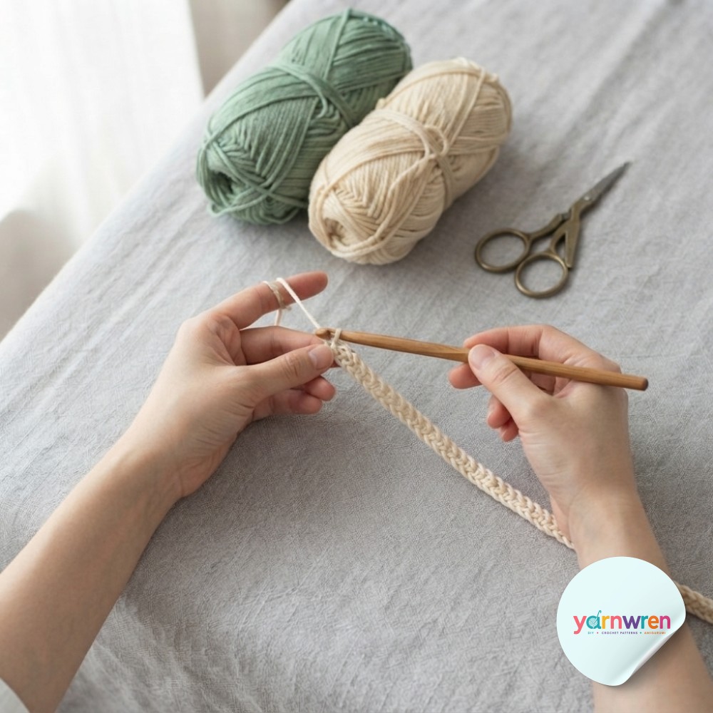 Starting the foundation chain in cream yarn marks the first real step of this moss stitch crochet tutorial.