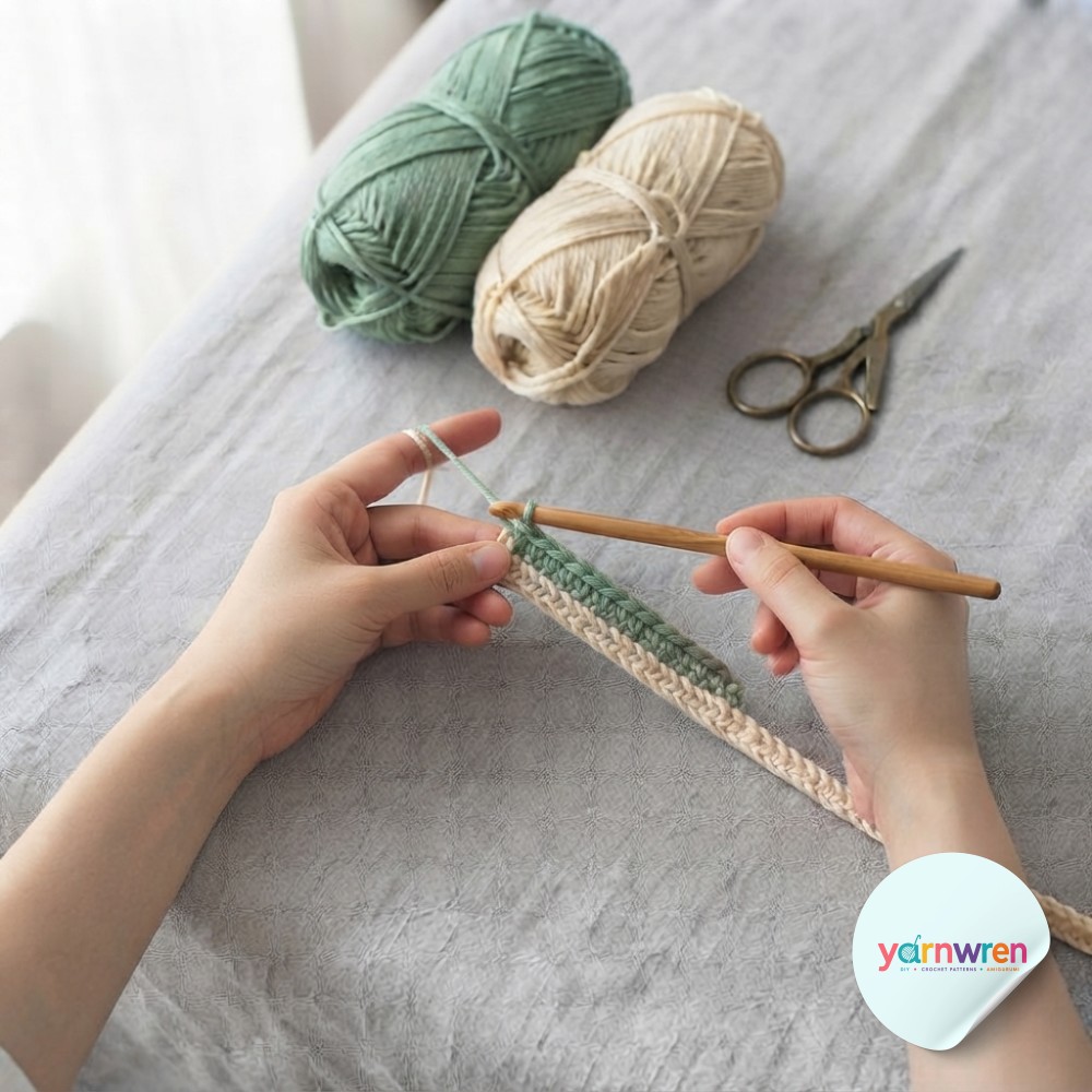 Switching to sage green yarn begins row two in this moss stitch crochet tutorial, building the two-tone texture.